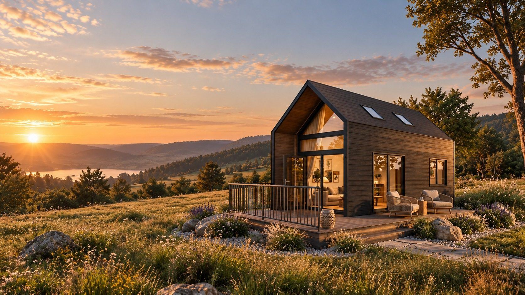 Nöma flat-roof habitat surrounded by nature at sunset