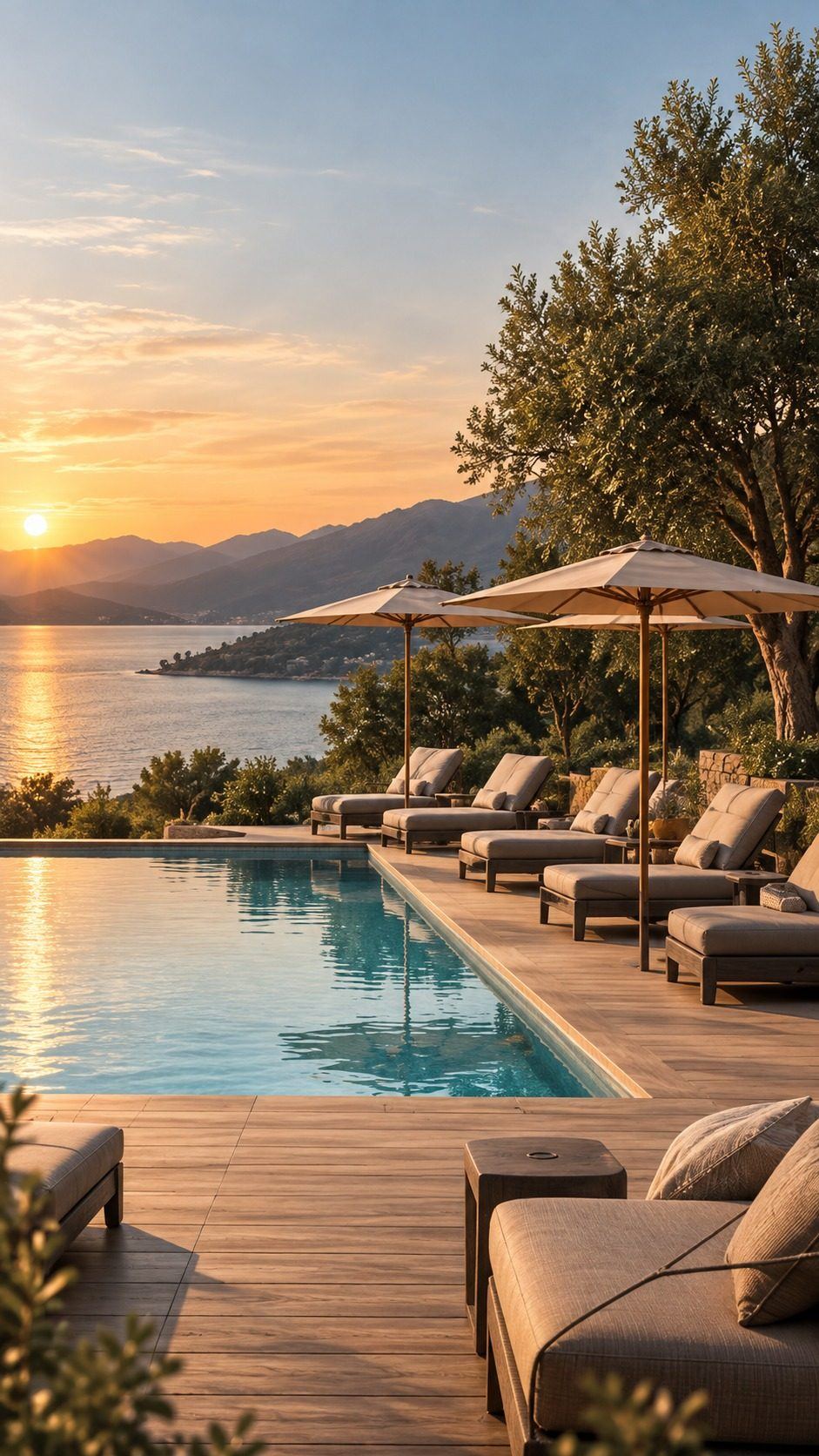 Pool terrace with loungers bordered by Nöma units, designed for outdoor hospitality
