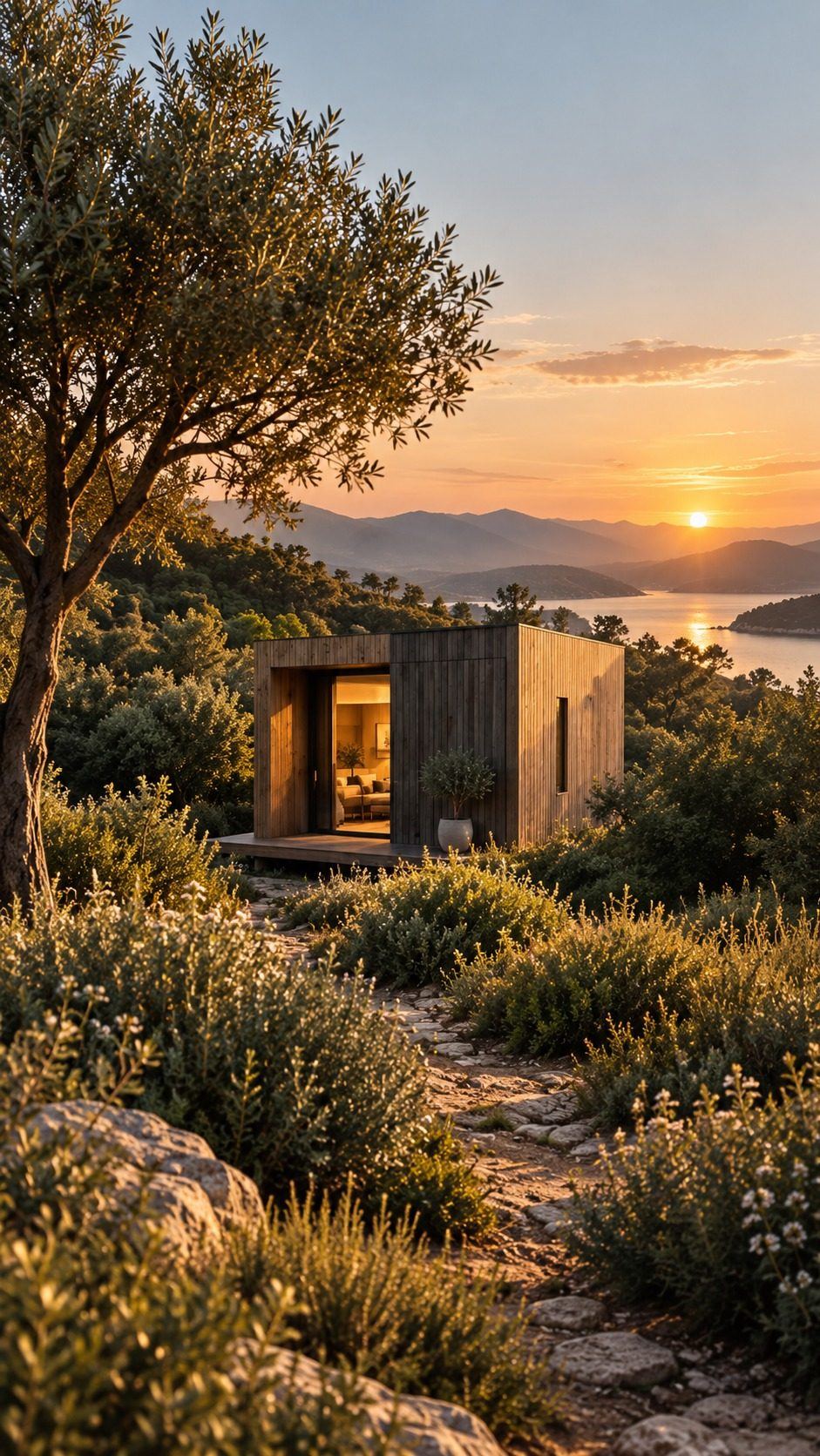 Nöma modular home by the water at sunset, setting suited to rental investment